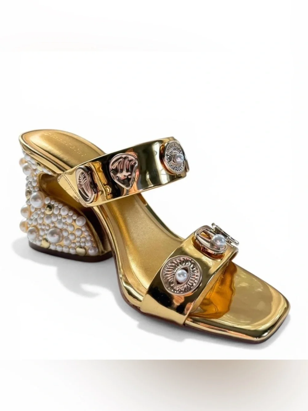 Gianni Bini Gold Pearl Ornament Slide Sandals - Picture 2 of 10